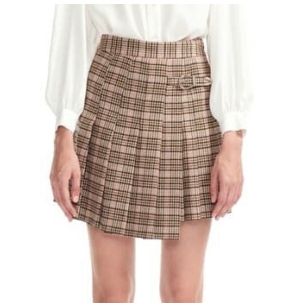 Maje Jilo Pleated Plaid Mini Skirt Beige Pink Buckle Asymmetric Hem Size 38